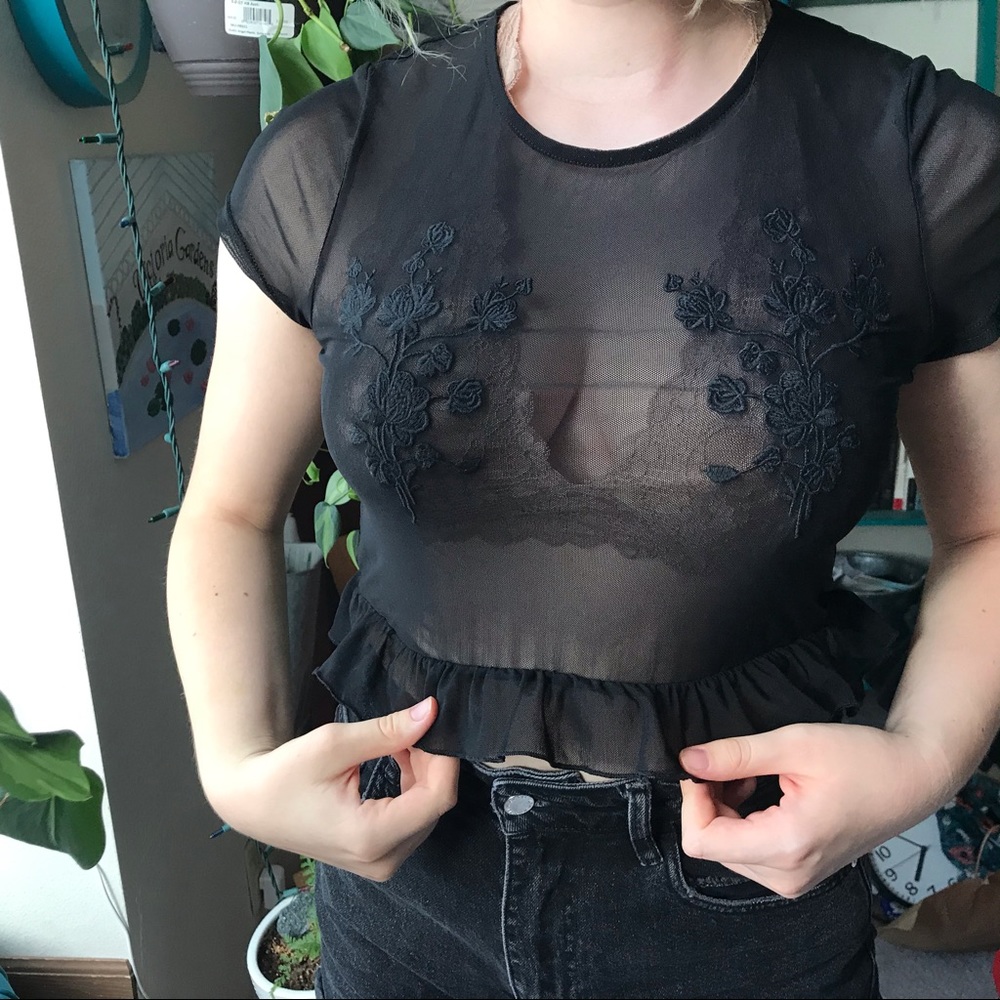 Boutique Mesh Top with Floral embroidery
